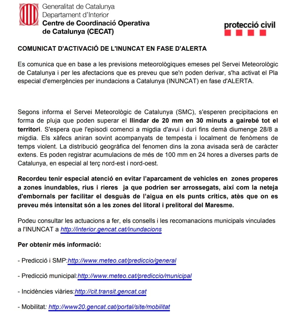 Més informació sobre l'article Activat el Pla especial d’emergències per inundacions a Catalunya en fase d’ALERTA.