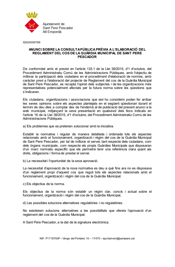 Consulta pública prèvia a l'elaboració del Reglament del cos de la Guàrdia Municipal de Sant Pere Pescador.