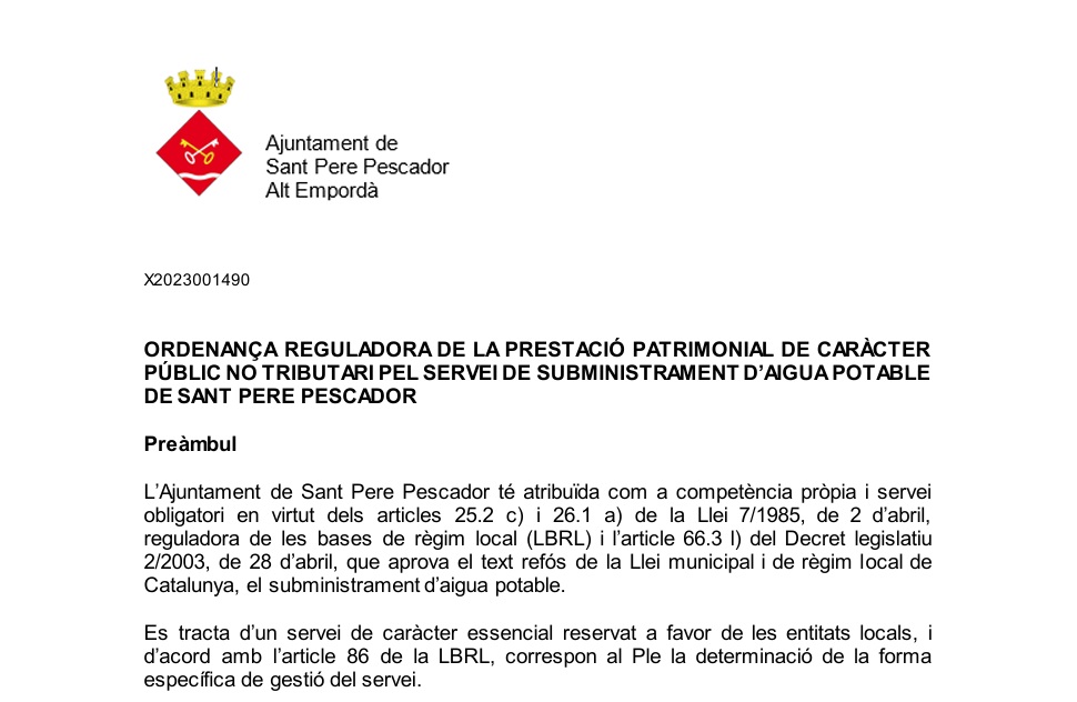 Aprovació definitiva de l’Ordenança Reguladora de la prestació patrimonial de caràcter públic no tributari del servei de subministrament d’aigua potable de Sant Pere Pescador