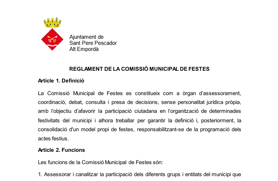 Aprovació inicial del Reglament de la Comissió Municipal de Festes de l'Ajuntament de Sant Pere Pescador