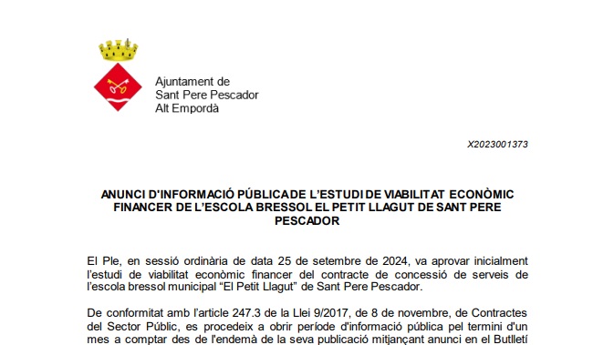 Anunci d'informació pública de l'estudi de viabilitat econòmic financer de l'escola bressol "El Petit Llagut" de Sant Pere Pescador